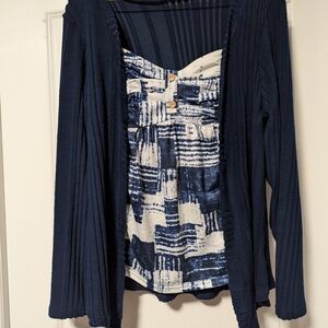 Navy Cardigan with Blue and White Patterned Top